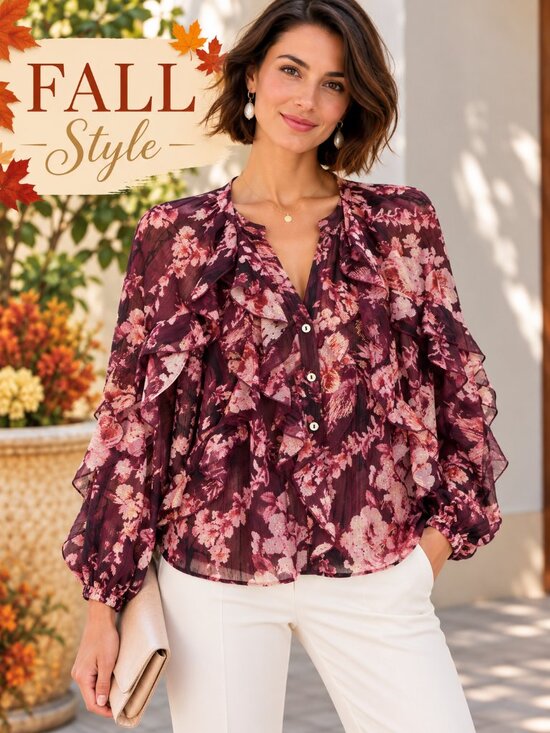 Chenault Tops - Chenault Floral Ruffle Blouse Burgundy Pink Gold Metallic Size L NWT